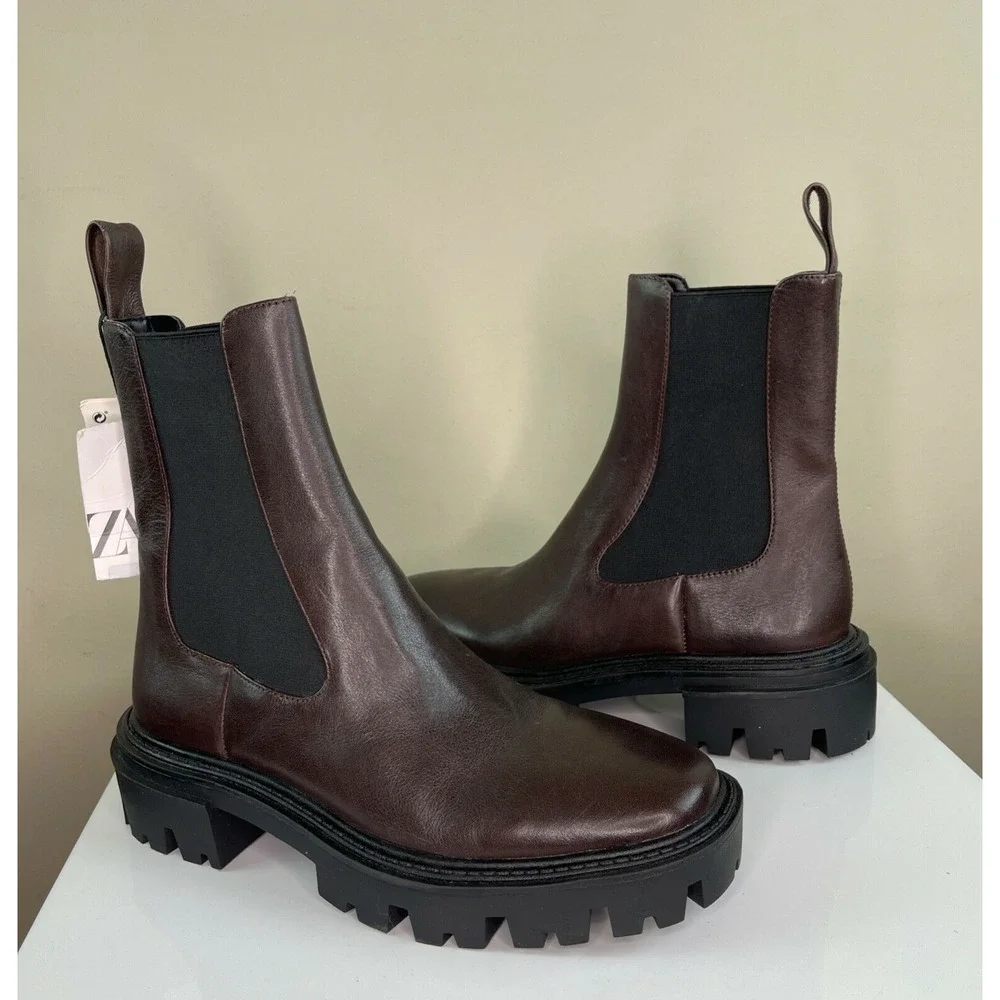 ZARA Brown Leather Ankle Boots Elastic Chunky Heel Track Sole Women 38 7.5 NEW